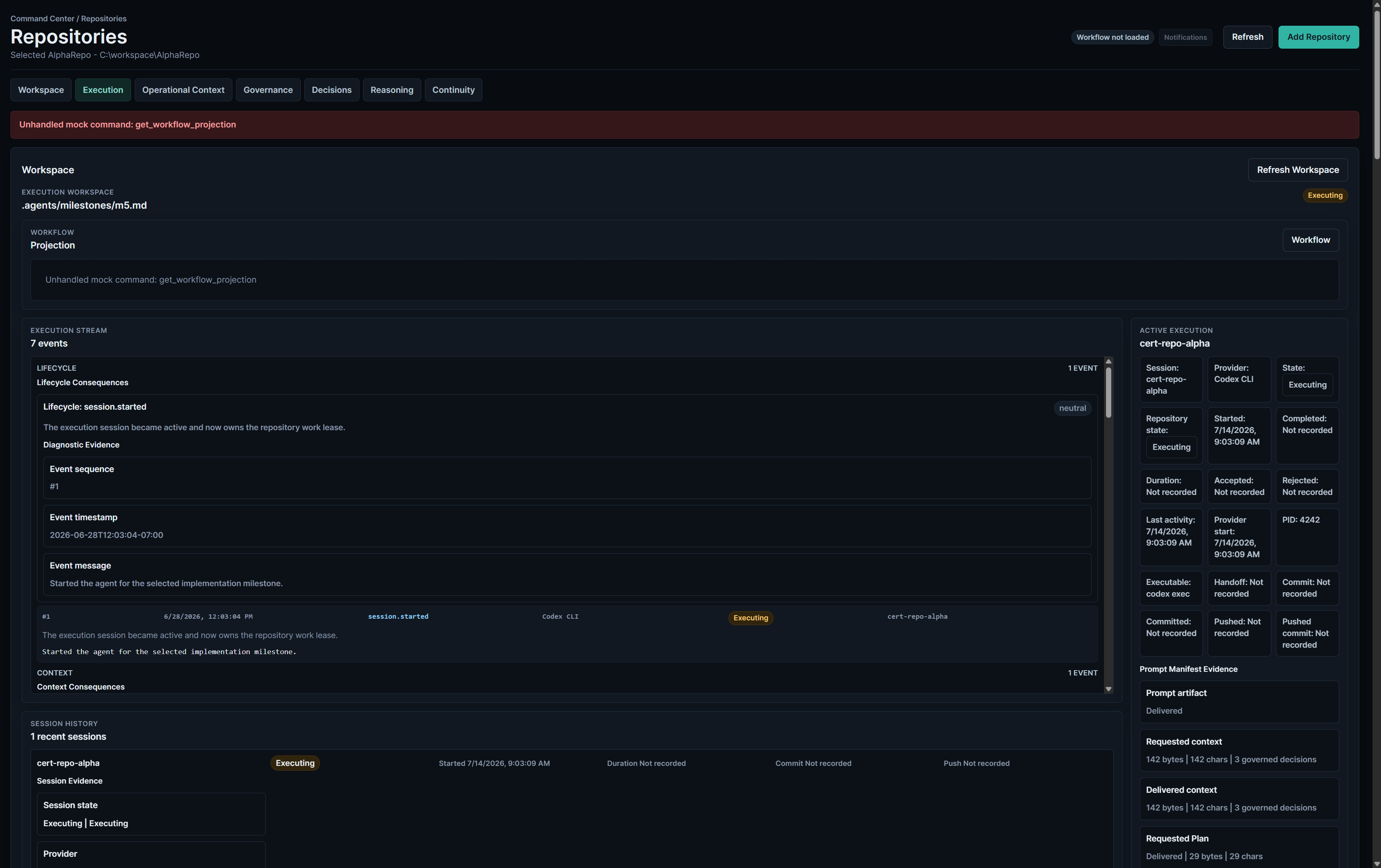 The retired Command Center application, showing separate operator surfaces for workspace, execution, operational context, governance, decisions, reasoning, continuity, and economics.